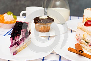 Piece of fruit cake on white plate