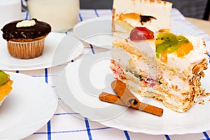 Piece of fruit cake on white plate