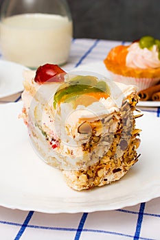 Piece of fruit cake on white plate