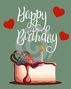 Piece of fruit cheesecake with a candle, happy birthday greeting card