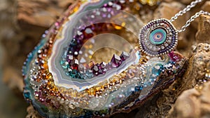 A piece of geode jewelry with a pendant made of handcarved crystal and a swirling array of rainbowcolored gems
