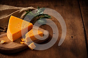 Piece of gouda or cheddar cheese with parsley on wooden board