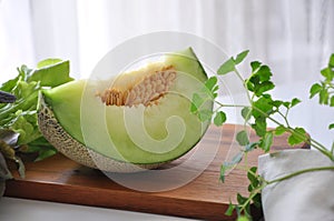 Piece of Green Honeydew Melon on Wooden Cutting Board