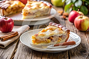 Piece of homemade apple pie in rustic setting