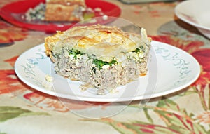 Piece of homemade meat pie with herbs, served on a beautiful plate. with clipping path