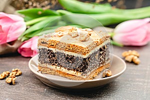 Piece of homemade poppy seed cake on a plate