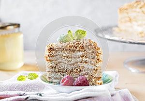 Piece of honey cake Medovik, layer cake decorated with berries on light background
