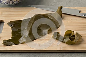 Piece of Japanese kombu soaked seaweed