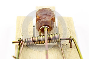 Piece of kabanosa meat lying on a pawl in a mousetrap, isolated on a white background. photo