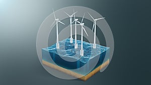 Piece of land, sea or ocean in cross section with wind turbines on surface water. Concept clean energy, green energy