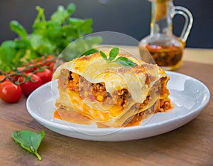 Piece of lasagna, a delicious and traditional Italian dish