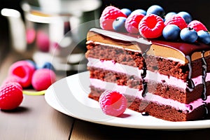 A piece of layer cake with fresh wild berries and chocolate topping on a white plate. Delicious sweet dessert