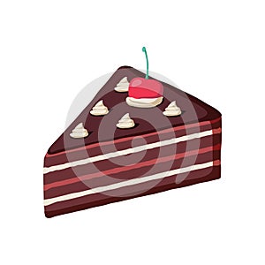 Piece of layered chocolate cake with maraschino cherry. Hand drawn style cake slice isolated illustration.