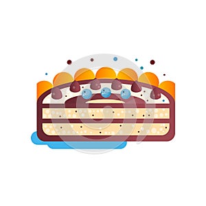 Piece of layered delicious cake with chocolate and blueberries on top vector Illustration on a white background