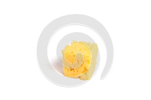 Piece of leaky, fresh cheese on a white background