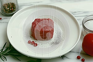 A piece of meat is on a white plate with a sprinkle of pepper