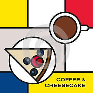 Piece of mixed berry cheesecake on saucer with coffee cup. Modern style art with rectangular color blocks.