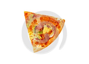 Piece of mixed deluxe pizza with pineapple, ham, mushroom, large green pepper and tomato isolated on white background