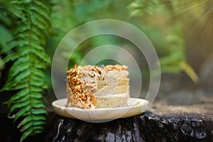 Piece of mocca almond cake on wood plate with green leaves backg photo