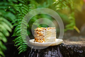 Piece of mocca almond cake on wood plate photo