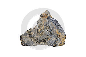 A piece of natural raw stibnite metallic mineral rock stone isolated on white background.