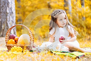 Piece of nature, kids on summer farm. Organic food. Autumn harvest, healthy food is happy life. Small girls with