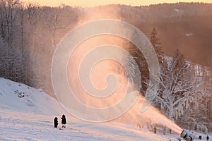 Panorama of the  mountains in the evening at the ski resort Sigulda, Latvia. River Gauja. Snow blowWoods Forest Landscape in white