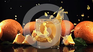 A piece of orange with spray falls into a glass of orange juice. Filmed is slow motion 1000 frames per second.