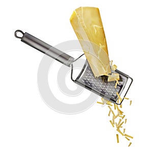 A piece of Parmesan cheese is rubbed on a hand grater. 3d realistic vector illustration photo