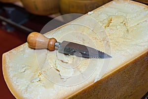 A piece of parmesan cheese with special cheese knife