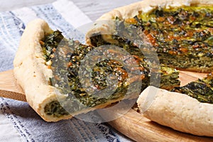 Piece of pie with green stuffed spinach, eggs and cheese