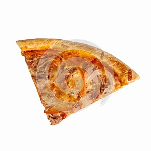 A piece of pizza paprika and egg on white background. isolate