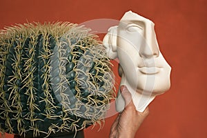 A piece of plaster head next to a round cactus on a red background. The concept of psychology, mental illness, duplicity