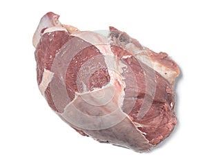 A piece of raw beef on a white background. Juicy meat with veins. Unprepared product. Beef isolate. An ingredient for a hearty