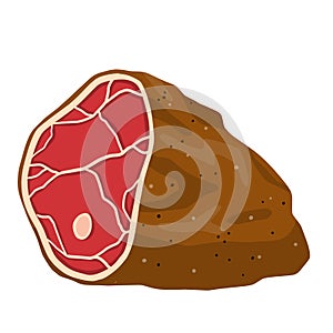 Piece of raw meat. Cut off half beef piece. Cartoon illustration