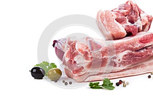 Piece raw meat with decor from on side