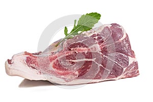 Piece of raw meat on a white with freshherbs