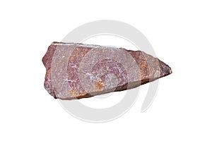 A piece of raw pink arkosic sandstone sedimentary rock isolated on white background.