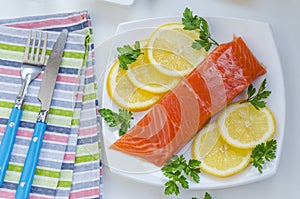 Piece of raw salmon on a plate