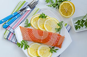 Piece of raw salmon on a plate