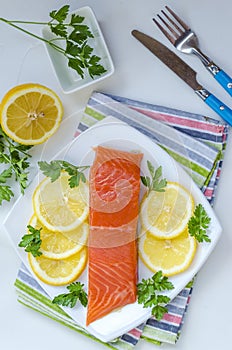 Piece of raw salmon on a plate