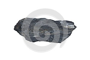 A piece raw specimen of black shale rock isolated on a white background.
