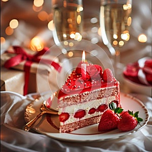 piece of red celebration birthday cake with strawberry