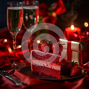 piece of red celebration birthday cake with strawberry