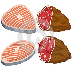 Piece of red salmon fish meat with pink stripe. Food for Cooking sushi. Set of Raw Seafood. Cut off part.