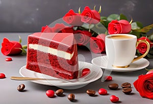 Piece of Red Velvet cake, cup of coffee and roses for Valentines Day or birthday on gray background