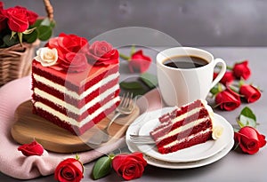 Piece of Red Velvet cake, cup of coffee and roses for Valentines Day or birthday on gray background