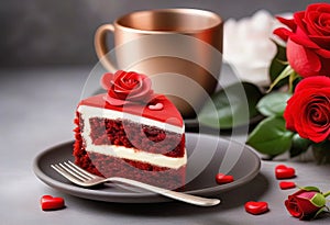 Piece of Red Velvet cake, cup of coffee and roses for Valentines Day or birthday on gray background