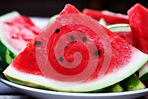 Piece of red watermelon with black seeds on a plate, close up