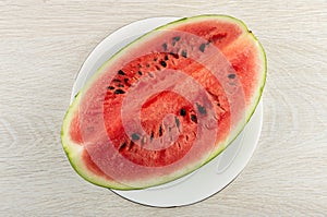 Piece of red watermelon in white plate on table. Top view